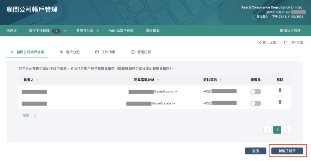 Averti Compliance Consultancy Limited account management system screenshot, showing the current sub-account managers list and the steps to add a new sub-account.