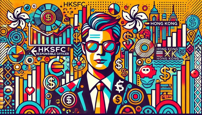 A vibrant pop-art style illustration featuring a stylized portrait of a Responsible Officer for the HKSFC. The design incorporates bold colors, financial symbols, and Hong Kong-themed elements, including currency signs, a graph, the Hong Kong skyline, and abstract patterns. The illustration presents a modern, energetic visual representing the financial regulatory environment in Hong Kong.